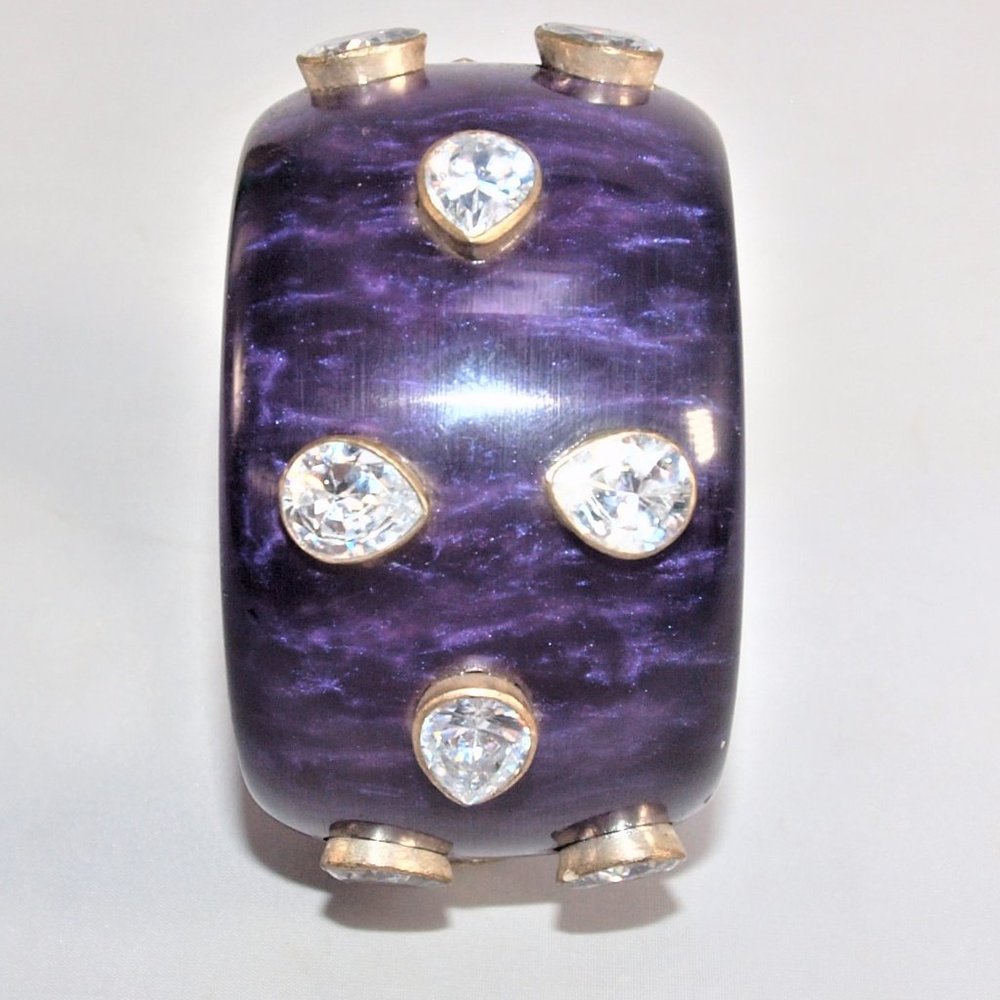 X-Wide Vintage Purple Acrylic Bangle with Silver Inset Crystals